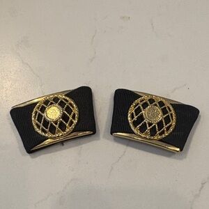 Vintage Black Grosgrain Ribbon and Gold Filigree Shoe Clip Set‎